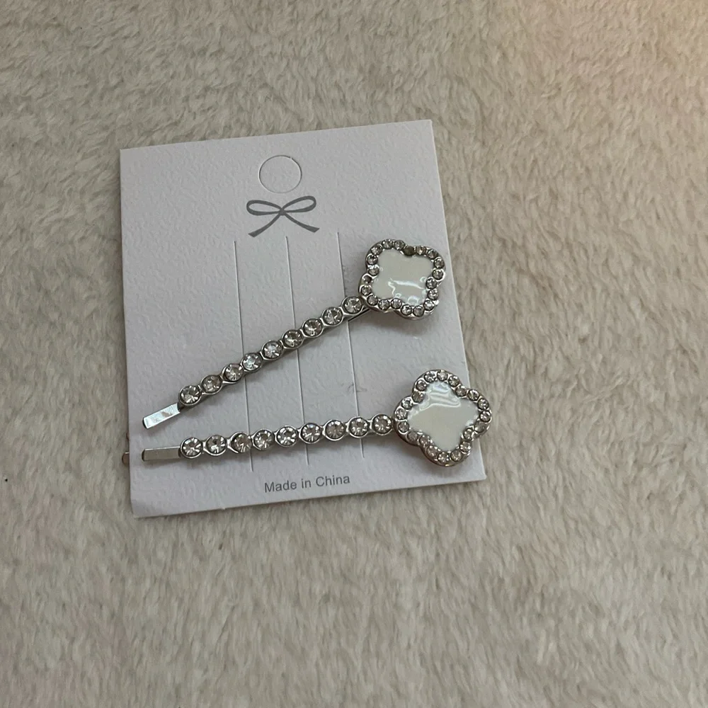 Crystal & White Enamel Clover Hair Pins - Set of 2
